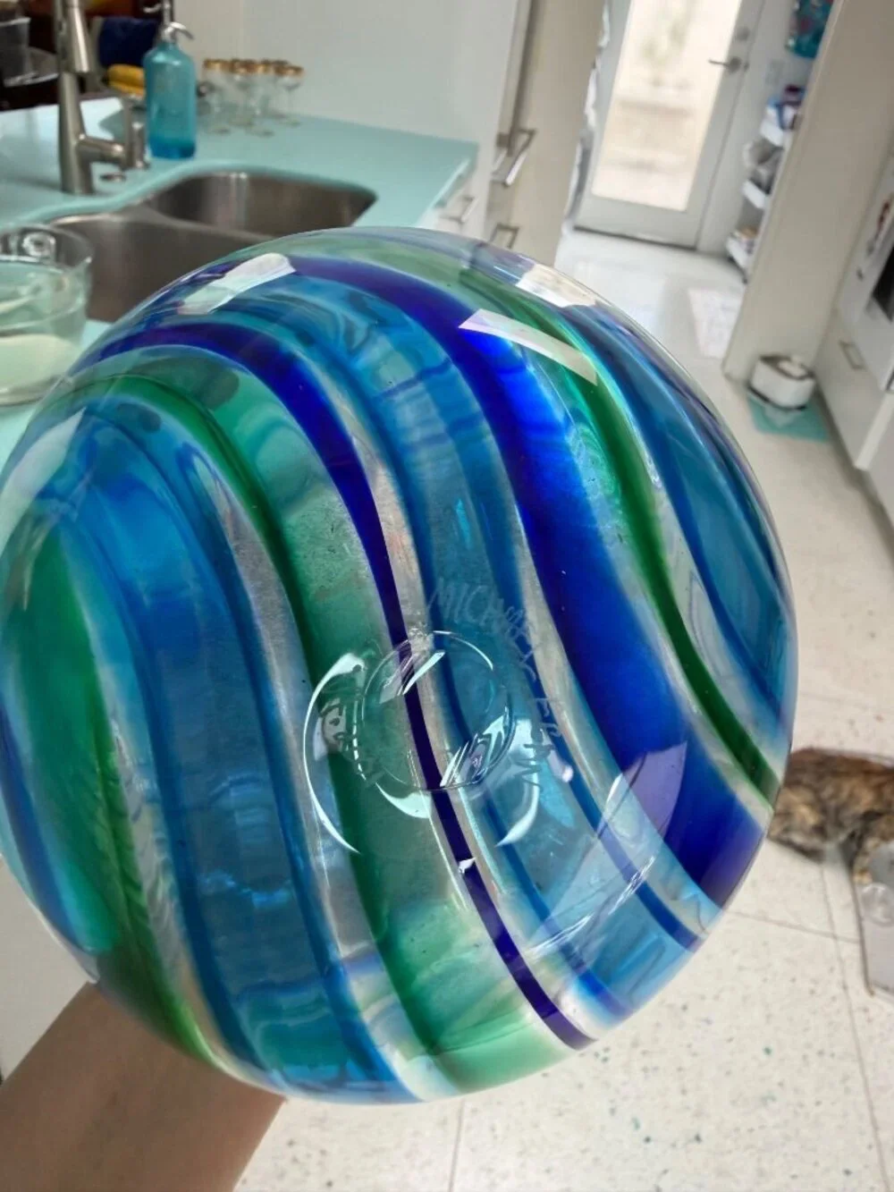 Michael Egan Vermont 2001 Handblown 12 inch Art Glass Vase Blue Green Handmade